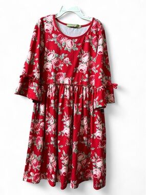 Girls Red Floral Ruffle-Sleeve Dress